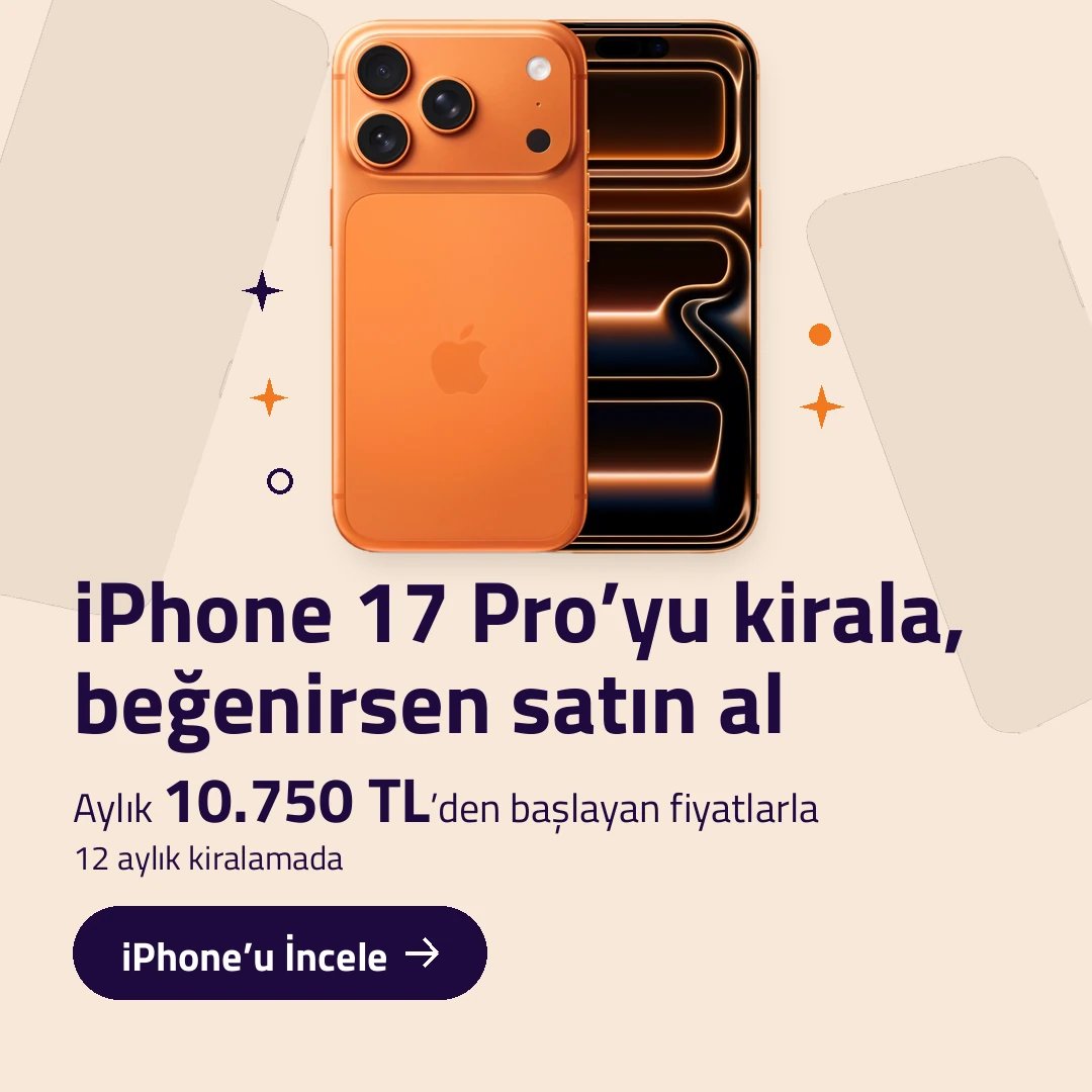 iPhone 17 Pro’yu kirala, beğenirsen satın al. Aylık 10.750 TL’den başlayan fiyatlarla, 12 aylık kiralamada.
