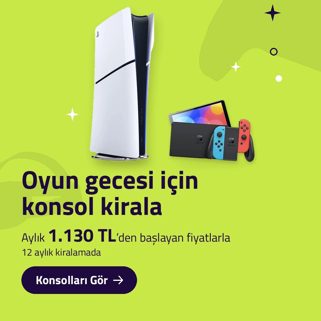 Oyun gecesi için konsol kirala. Aylık 1.130 TL’den başlayan fiyatlarla, 12 aylık kiralamada.